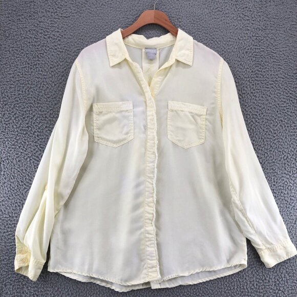 Chicos Shirt Womens 2 US 12 14 Yellow Button Collar Frayed Roll Tab Long Sleeve - Picture 1 of 10